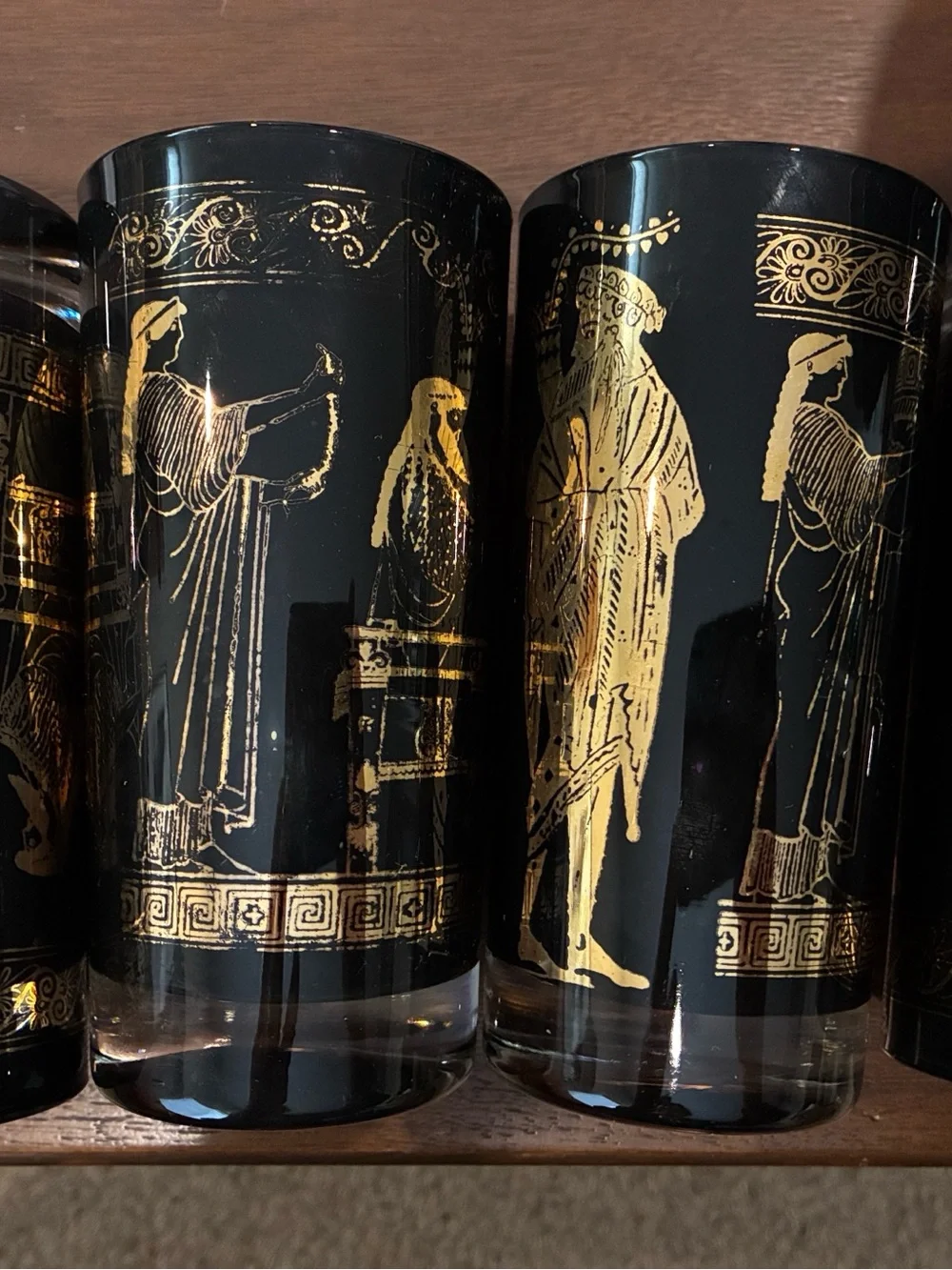 Egyptian Revival High Ball Black Gold Greek Motif Glass Tumblers - Set of 4 FAB!